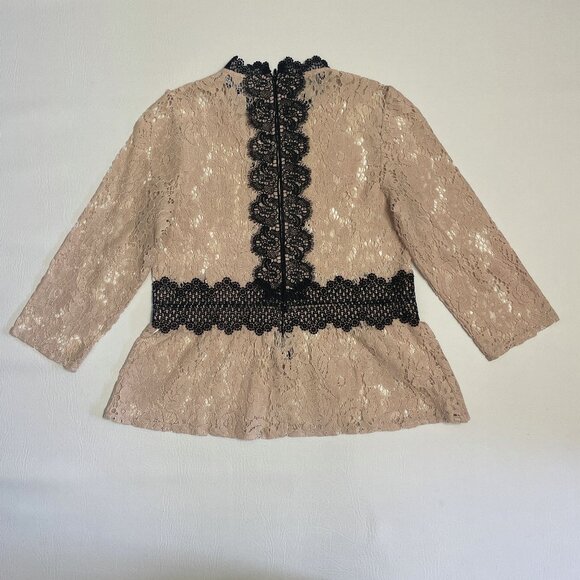 ZARA Lace Sheer Top XS Beige Black Floral High Neck Victorian Romantic Boho Lacy - Picture 15 of 15